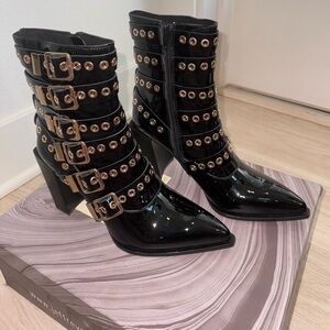 Jeffrey Campbell Black Patent Leather with Gold Buckles Heeled Boots